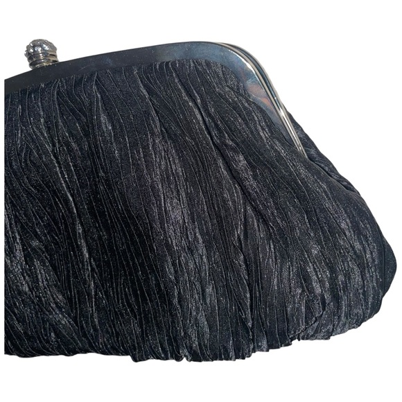 NEIMAN MARCUS Vintage Ruched Silk Black Clutch Bag Silver Frame with Crystals - Picture 15 of 15